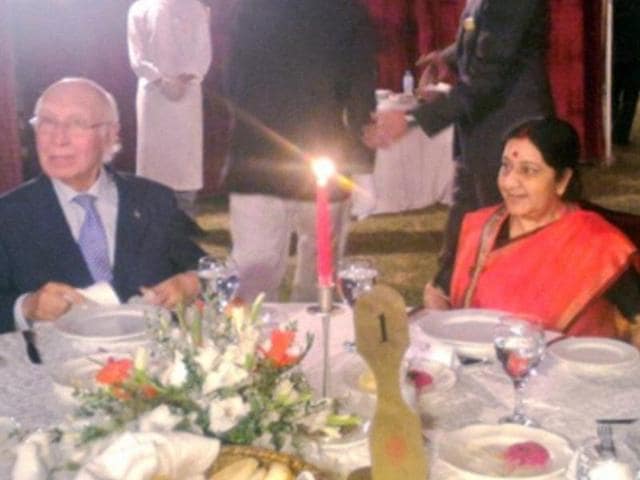Pakistan's Foreign Affairs Advisor Sartaj Aziz (R) greets Indian Foreign Minister Sushma Swaraj on December 8, 2015 in Islamabad. The two are slated to hold talks on December 9 on the sidelines of a regional meet on Afghanistan, being held in Pakistan. (AFP) Pakistan's Foreign Affairs Advisor Sartaj Aziz (R) greets Indian Foreign Minister Sushma Swaraj on December 8, 2015 in Islamabad. The two are slated to hold talks on December 9 on the sidelines of a regional meet on Afghanistan, being held in Pakistan. (AFP)