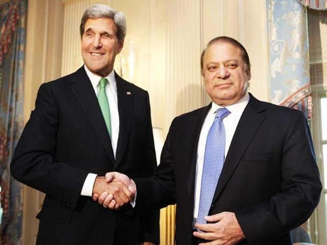 US secretary of state John Kerry shakes hands with Pakistan's Prime Minister Nawaz Sharif before their meeting at the State Department in Washington.(Reuters)