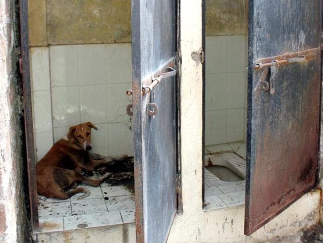 Toilets without door, roof and water at a middle school in Bhopal, India.(Mujeeb Faruqui/ Hindustan Times)