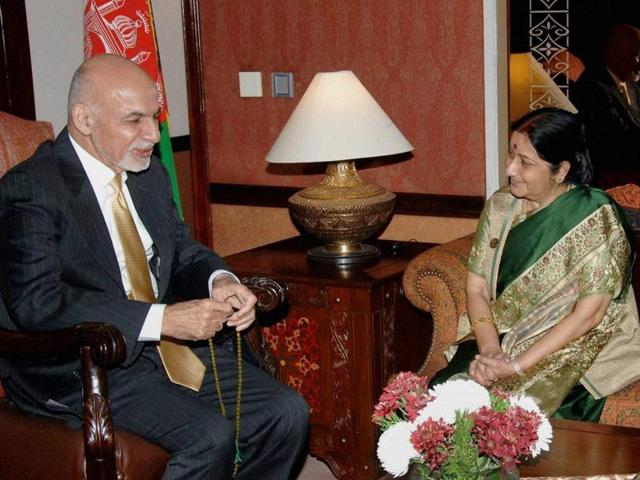 External affairs minister Sushma Sawraj with Afghan President Mohammad Ashraf Ghani during her two-day visit to Pakistan for the Heart of Asia meeting, in Islamabad. (PTI Photo) External affairs minister Sushma Sawraj with Afghan President Mohammad Ashraf Ghani during her two-day visit to Pakistan for the Heart of Asia meeting, in Islamabad. (PTI Photo)