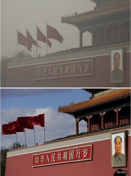 A combination photo shows the giant portrait of Chinese late chairman Mao Zedong on the Tiananmen gate on a smoggy day on December 1, 2015 (top), and on a sunny day on December 2, 2015 (bottom), after strong winds cleared the smog that was blanketing Beijing. (Reuters)