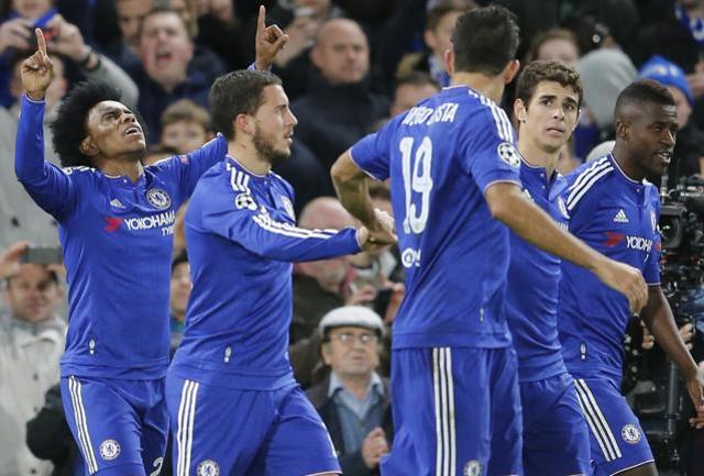 Chelsea's Willian celebrates scoring a goal during the Champions League group G soccer match between Chelsea and FC Porto at Stamford Bridge stadium on December 9, 2015. (AP Photo)