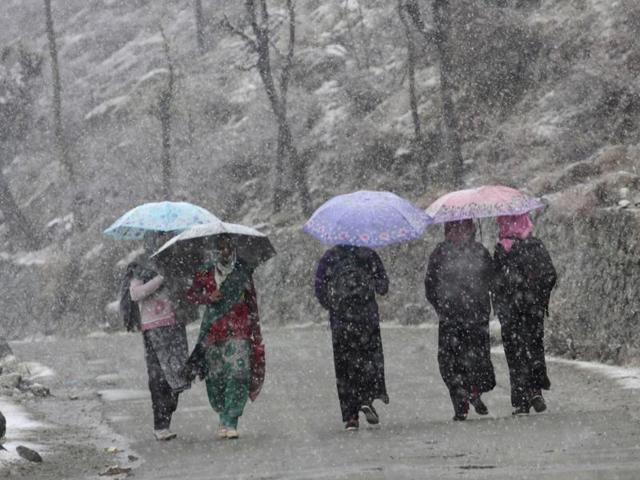 Kashmiri women hold up umbrellas in a bid to protect themselves from the snow at Tangmarg on Thursday. (Waseem andrabi/HT Photo)