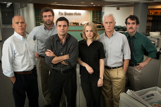 This photo provided by Open Road Films shows, Michael Keaton, from left, as Walter "Robby" Robinson, Liev Schreiber as Marty Baron, Mark Ruffalo as Michael Rezendes, Rachel McAdams, as Sacha Pfeiffer, John Slattery as Ben Bradlee Jr., and Brian díArcy James as Matt Carroll, in a scene from the film, Spotlight. (AP) This photo provided by Open Road Films shows, Michael Keaton, from left, as Walter "Robby" Robinson, Liev Schreiber as Marty Baron, Mark Ruffalo as Michael Rezendes, Rachel McAdams, as Sacha Pfeiffer, John Slattery as Ben Bradlee Jr., and Brian díArcy James as Matt Carroll, in a scene from the film, Spotlight. (AP)