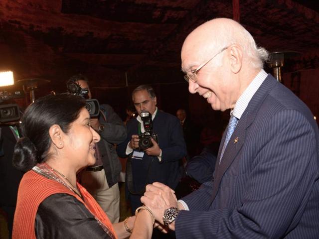 External affairs minister Sushma Swaraj with Sartaj Aziz in Islamabad. This is the first time that New Delhi has agreed on a full-scope dialogue with Islamabad since the Mumbai attacks in 2008. (PTI) External affairs minister Sushma Swaraj with Sartaj Aziz in Islamabad. This is the first time that New Delhi has agreed on a full-scope dialogue with Islamabad since the Mumbai attacks in 2008. (PTI)