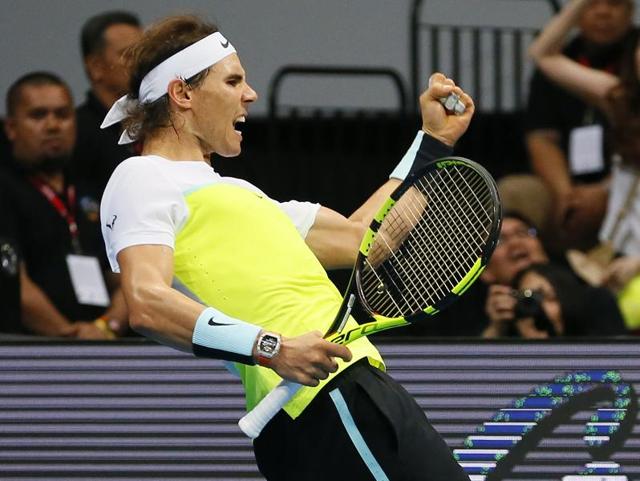 Indian Aces player Rafael Nadal returns the ball against the Obi UAE Royals Tomas Berdych during their men's singles match in the International Premier Tennis League on December 7, 2015.(Reuters Photo)