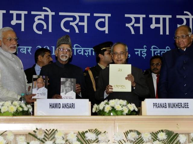 President Pranab Mukherjee, Prime Minister Narendra Modi and Vice President Hamid Ansari release a book on the NCP chief Sharad Pawar on his 75th birthday at Vigyan Bhawan. (Sonu Mehta/ Hindustan Times) President Pranab Mukherjee, Prime Minister Narendra Modi and Vice President Hamid Ansari release a book on the NCP chief Sharad Pawar on his 75th birthday at Vigyan Bhawan. (Sonu Mehta/ Hindustan Times)