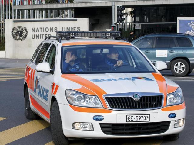 Swiss police officers patrol around the European headquarters of the United Nations in Geneva on Thursday. (AP Photo) Swiss police officers patrol around the European headquarters of the United Nations in Geneva on Thursday. (AP Photo)