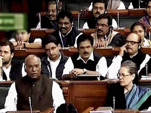 Opposition Congress members in Lok Sabha in New Delhi on Thursday. (PTI) Opposition Congress members in Lok Sabha in New Delhi on Thursday. (PTI)