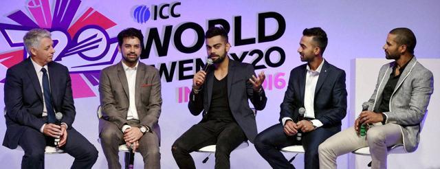 From left-ICC chief executive David Richardson, BCCI secretary Anurag Thakur, Virat Kohli, Ajinkya Rahane and Shikhar Dhawan at the announcement of ICC World cup Twenty20’s 2016 schedule in Mumbai on Friday. (PTI) From left-ICC chief executive David Richardson, BCCI secretary Anurag Thakur, Virat Kohli, Ajinkya Rahane and Shikhar Dhawan at the announcement of ICC World cup Twenty20’s 2016 schedule in Mumbai on Friday. (PTI)