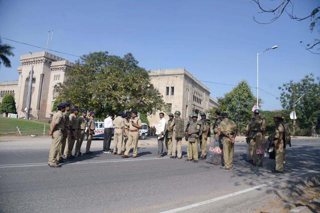 Police personnel deployed at Osmania University campus in Hyderabad on Thursday. (PTI) Police personnel deployed at Osmania University campus in Hyderabad on Thursday. (PTI)