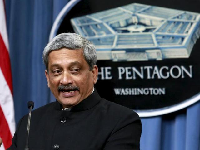 Defence minister Manohar Parrikar speaks during a joint press conference with US defense secretary Ash Carter at the Pentagon in Washington on Thursday(Reuters)