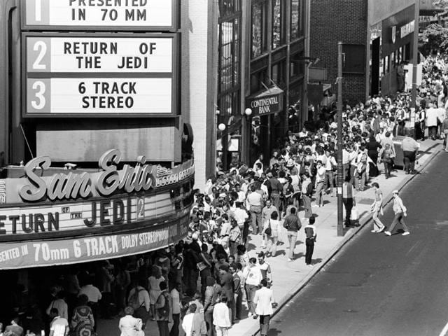 In this May 23, 1983 file photo, movie fans line up on Philadelphia's Chestnut Street in advance for the premiere of the movie, Star Wars: Episode VI - Return of the Jedi.  (AP) 