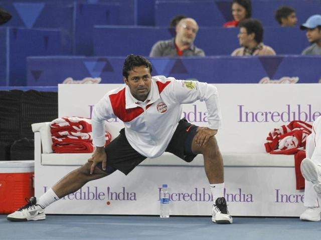 Leander Peas stretches during the International Premier Tennis League match between Legendary Japan Warriors and Obi UAE Royals. (Hindustan Times) Leander Peas stretches during the International Premier Tennis League match between Legendary Japan Warriors and Obi UAE Royals. (Hindustan Times)