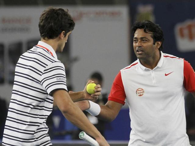 Leander Peas and Herbert of Legendary Japan warriors in action against Berdych and Nestor of Obi UAE Royals. (Virendra Singh Gosain/HT) Leander Peas and Herbert of Legendary Japan warriors in action against Berdych and Nestor of Obi UAE Royals. (Virendra Singh Gosain/HT)