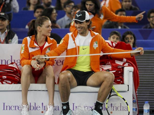 Rafael Nadal of Micromax Indian Ace during the Coca Cola International Premier Tennis League at I G stadium in New Delhi, India, on Thursday. (Virendra Singh Gosain/HT) Rafael Nadal of Micromax Indian Ace during the Coca Cola International Premier Tennis League at I G stadium in New Delhi, India, on Thursday. (Virendra Singh Gosain/HT)