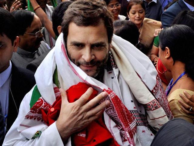 Congress vice-president Rahul Gandhi is welcomed upon his arrival at GMCH Auditorium in Guwahati on Friday. (PTI) Congress vice-president Rahul Gandhi is welcomed upon his arrival at GMCH Auditorium in Guwahati on Friday. (PTI)