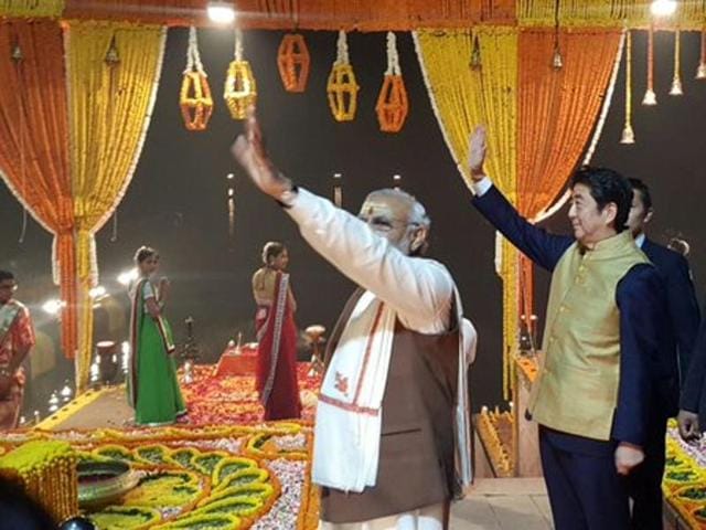 Harnessing history for a visionary future. PM Modi and Japan PM Shinzo Abe at Varanasi on Sunday. (MEA India) Harnessing history for a visionary future. PM Modi and Japan PM Shinzo Abe at Varanasi on Sunday. (MEA India)