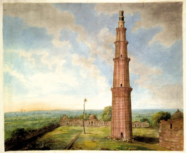 The Qutb Minar. Sita Ram has inserted one extra red sandstone storey complete with balcony above before beginning on the two storeys faced with marble. The Qutb Minar. Sita Ram has inserted one extra red sandstone storey complete with balcony above before beginning on the two storeys faced with marble.