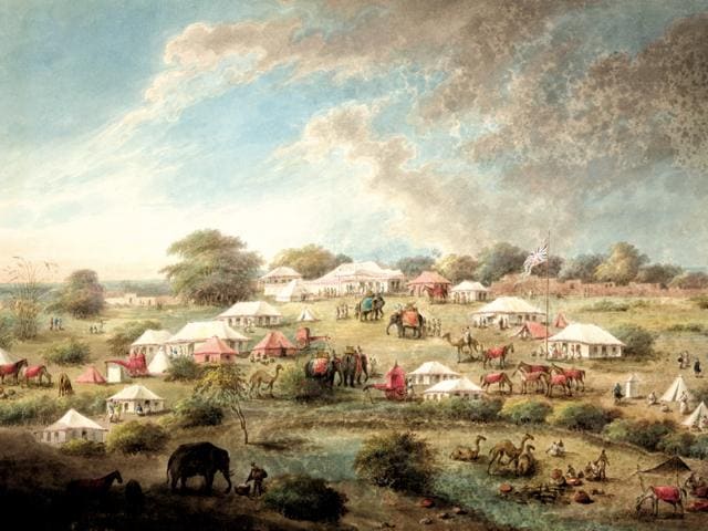 The camp of the Begum Samru at Nureela. The encampment shows tents rather like Lord Hastings’s own, as well as several curtained raths suitable for female transportation. Presumably after this encounter Lady Hastings left for Delhi taking Sita Ram with her. The camp of the Begum Samru at Nureela. The encampment shows tents rather like Lord Hastings’s own, as well as several curtained raths suitable for female transportation. Presumably after this encounter Lady Hastings left for Delhi taking Sita Ram with her.