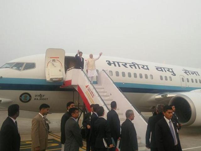 Japanese PM Shinzo Abe with PM Modi as they take the flight to Varanasi. (Twitter/Vikas Swarup) Japanese PM Shinzo Abe with PM Modi as they take the flight to Varanasi. (Twitter/Vikas Swarup)