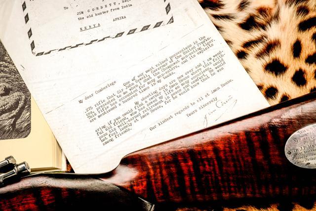 Corbett’s rifle and the letter he wrote to OUP’s G. Cumberlege. (Photo: TWEED MEDIA / JOHN RIGBY &amp; CO.)