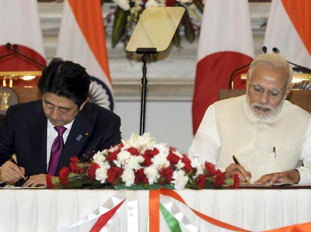 Prime Minister Narendra Modi and his Japanese counterpart Shinzo Abe signed a broad spectrum of agreements.(Sonu Mehta/HT Photo) Prime Minister Narendra Modi and his Japanese counterpart Shinzo Abe signed a broad spectrum of agreements.(Sonu Mehta/HT Photo)