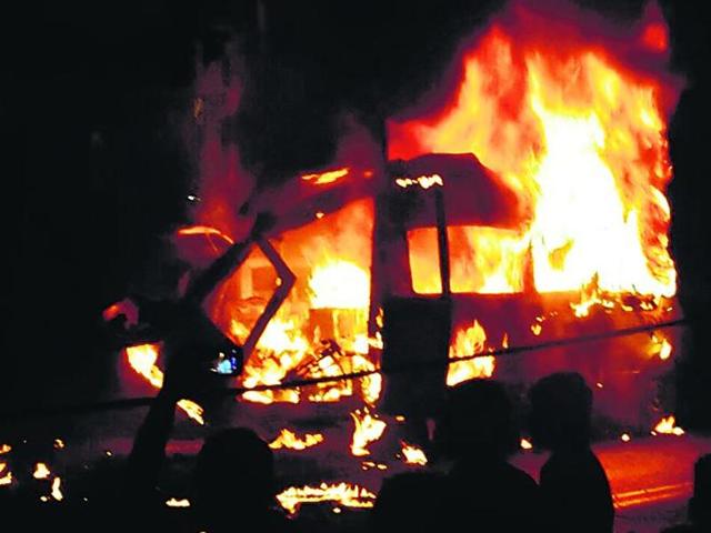 The oxygen cylinder inside the ambulance exploded, engulfing the vehicle in flames, with the infant still in it. (HT) The oxygen cylinder inside the ambulance exploded, engulfing the vehicle in flames, with the infant still in it. (HT)