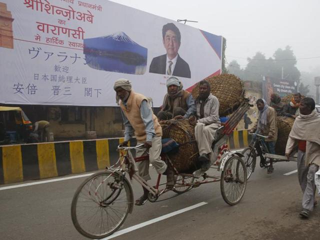 Varanasi groomed with posters welcoming Japan's Prime Minister Shinzo Abe to the city on Saturday. Varanasi is also the constituency of PM Narendra Modi. (AP) Varanasi groomed with posters welcoming Japan's Prime Minister Shinzo Abe to the city on Saturday. Varanasi is also the constituency of PM Narendra Modi. (AP)