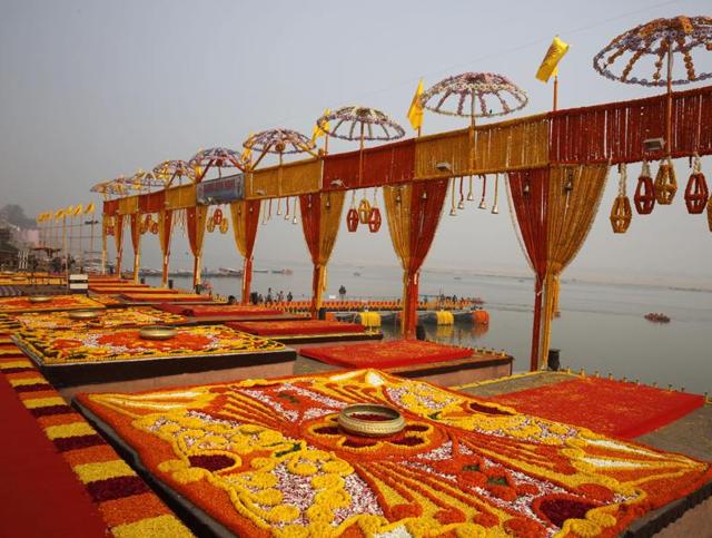 A Ghat on the bank of river Ganga is fully decorated with flowers as PM Narendra Modi with his Japanese counterpart Shinzo Abe will witness Ganga aarti in the evening. The Ganga aarti is a religious prayer ceremony for the river Ganges in Varanasi. (AP) A Ghat on the bank of river Ganga is fully decorated with flowers as PM Narendra Modi with his Japanese counterpart Shinzo Abe will witness Ganga aarti in the evening. The Ganga aarti is a religious prayer ceremony for the river Ganges in Varanasi. (AP)