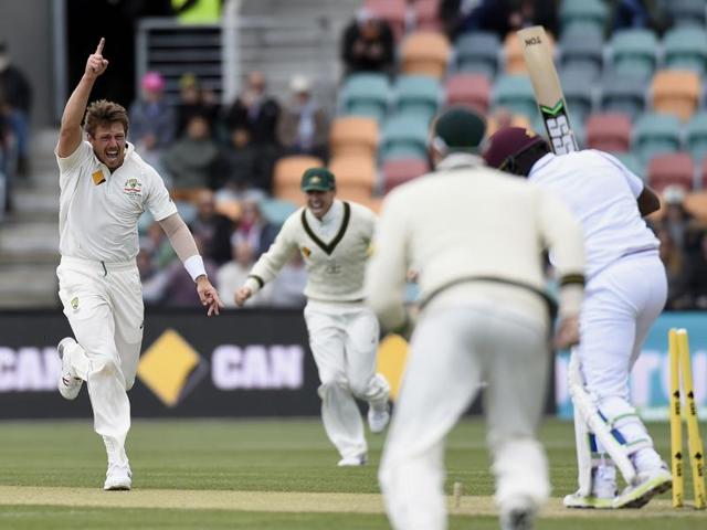 Australia's James Pattinson celebrates with teammates after dismissing West Indies' Jermaine Blackwood during their cricket test match in Hobart on December 12, 2015. (AP Photo) Australia's James Pattinson celebrates with teammates after dismissing West Indies' Jermaine Blackwood during their cricket test match in Hobart on December 12, 2015. (AP Photo)