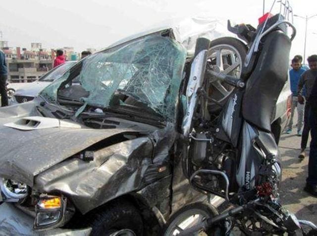 A speeding car allegedly hit two youths riding a motorcycle near Verka Milk Plant on Ferozepur Road in the wee hours of Sunday, killing the two on the spot. (HT Photo) A speeding car allegedly hit two youths riding a motorcycle near Verka Milk Plant on Ferozepur Road in the wee hours of Sunday, killing the two on the spot. (HT Photo)