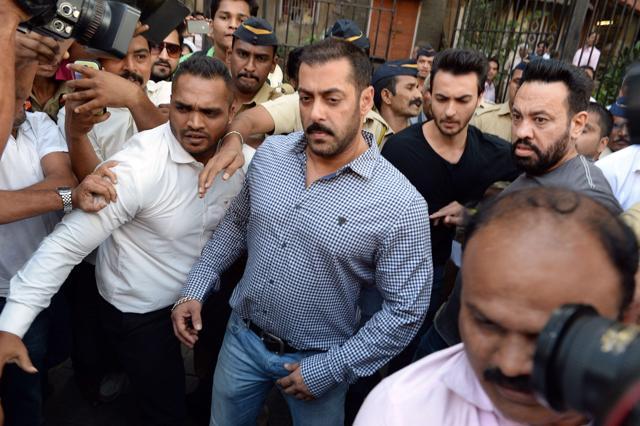 Salman Khan near Bombay High Court in Mumbai on December 10, 2015, after being acquitted of culpable homicide in the 2002 hit-and-run case. The court cleared Salman of killing a homeless man in a hit-and-run crash 13 years ago, acquitting him of all charges after he appealed his conviction. (AFP)