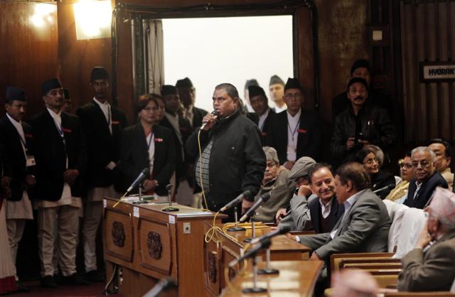 Upendra Yadav, a leading ethnic Madhesi protest leader, speaks in parliament in Kathmandu. “This is a political problem and needs a political solution. If they (the government) don’t change their present attitude of delaying, diverting or diluting the issue, this will go on,” says Yadav. (AP File Photo)