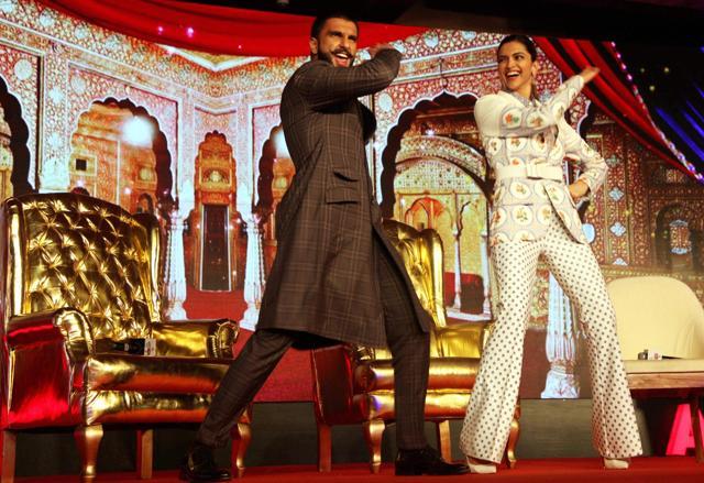 Ranveer Singh and Deepika Padukone promoting Bajirao Mastani in New Delhi on Saturday. (PTI) Ranveer Singh and Deepika Padukone promoting Bajirao Mastani in New Delhi on Saturday. (PTI)