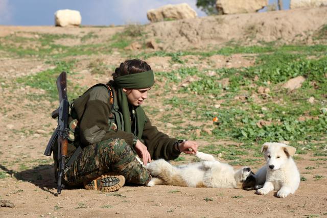 Syriac Christian Lucia, a member of the battalion, plays with a dog at their camp in the town of al-Qahtaniyah, near the Syrian-Turkish border. (AFP Photo)