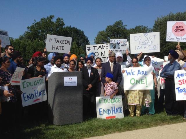 Inderjit Singh Mukker among others during a news conference against hate crimes which have been on the rise since 9/11 incident.(AP)