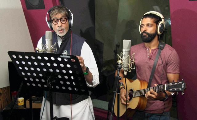 Bollywood actor Amitabh Bachchan, Farhan Akhtar recording a song for upcoming film Wazir at Purple Haze studios in Bandra. (PTI) Bollywood actor Amitabh Bachchan, Farhan Akhtar recording a song for upcoming film Wazir at Purple Haze studios in Bandra. (PTI)