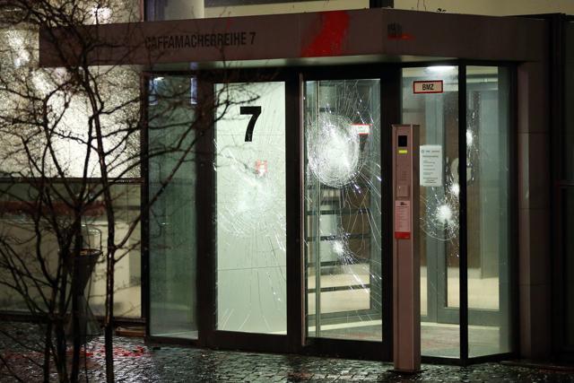 Paint and broken glass are seen in the entrance area of an office building in&nbsp;Hamburg,&nbsp;Germany. (AP)