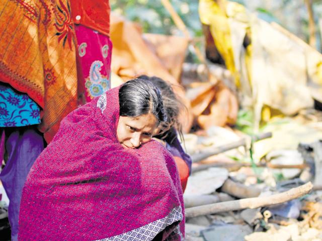 Safina Khatun, mother of the six-months-old girl, who died during a slum demolition drive at Shakur Basti.(Arvind Yadav/HT Photo)