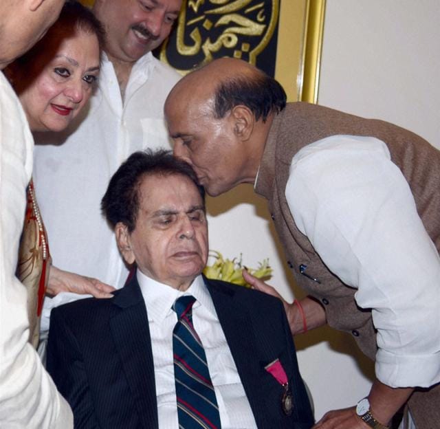 Home minister Rajnath Singh with Padma Vibhushan Bollywood actor Dilip Kumar and his wife Saira Banu. (PTI) Home minister Rajnath Singh with Padma Vibhushan Bollywood actor Dilip Kumar and his wife Saira Banu. (PTI)