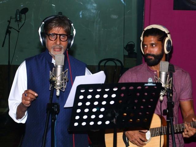Amitabh Bachchan and Farhan Akhtar went behind the mic together to record a song for their upcoming film, Wazir. (IANS)