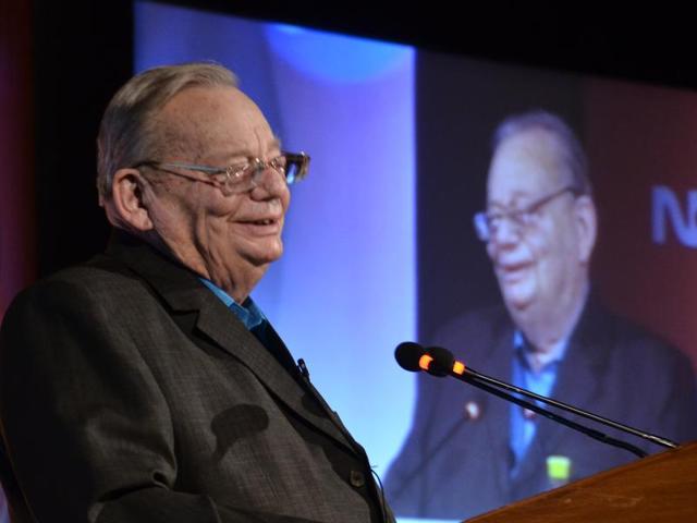 The country’s beloved and reclusive writer, Ruskin Bond, descended from his beloved hills to delight an audience on Monday at the ninth Penguin Annual Lecture in Delhi.(Penguin)