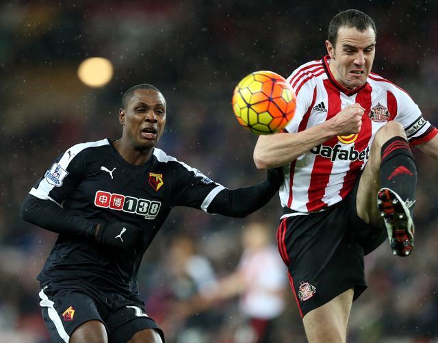 Sunderland's captain John O'Shea, right, vies for the ball with Watford's Allan Nyom, left, during the English Premier League match between Sunderland and Watford at the Stadium of Lighton December 12, 2015. (AP Photo) Sunderland's captain John O'Shea, right, vies for the ball with Watford's Allan Nyom, left, during the English Premier League match between Sunderland and Watford at the Stadium of Lighton December 12, 2015. (AP Photo)