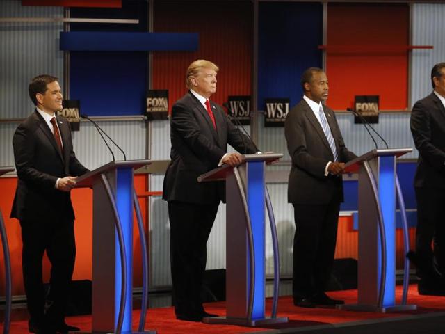 Republican presidential candidates, from left, Sen. Marco Rubio, R-Fla., Donald Trump, Ben Carson and Sen. Ted Cruz, R-Texas, wait before the Republican presidential debate at the Milwaukee Theatre in Milwaukee. (AP) Republican presidential candidates, from left, Sen. Marco Rubio, R-Fla., Donald Trump, Ben Carson and Sen. Ted Cruz, R-Texas, wait before the Republican presidential debate at the Milwaukee Theatre in Milwaukee. (AP)