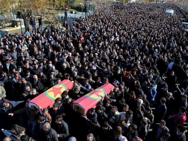 Mourners carry the coffins of Serdil Cengiz and Siyar Salman who were killed in a bomb blast in Diyarbakir. (REUTERS) Mourners carry the coffins of Serdil Cengiz and Siyar Salman who were killed in a bomb blast in Diyarbakir. (REUTERS)