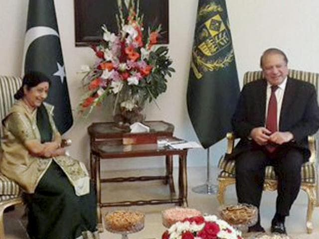 External Affairs Minister Sushma Swaraj with Pakistan Prime Minister Nawaz Sharif during a meeting in Islamabad. (PTI Photo) External Affairs Minister Sushma Swaraj with Pakistan Prime Minister Nawaz Sharif during a meeting in Islamabad. (PTI Photo)