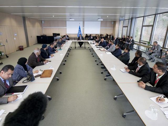 This handout picture realeased by UN Photo shows a general view of the room at the opening of Yemen peace talks in Magglingen, northen Switzerland. (AFP) This handout picture realeased by UN Photo shows a general view of the room at the opening of Yemen peace talks in Magglingen, northen Switzerland. (AFP)