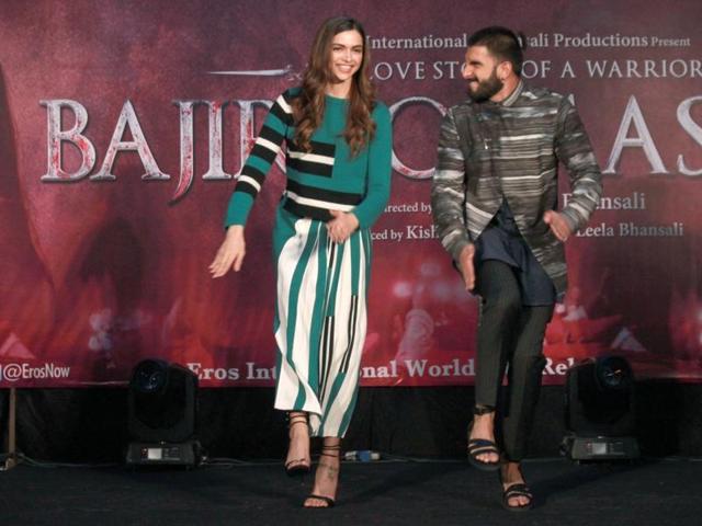 He’s still just looking at her! Ranveer Singh and Deepika Padukone during promotions of Bajirao Mastani. (IANS)