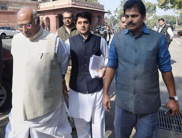 Congress leaders Mallikarjun Kharge, Jyotiraditya Scindia and KC Venugopal at Parliament during the winter session. The Congress wants to buy time before resuming negotiations on the GST bill as it plans to keep a close watch on a number of developments. (PTI) Congress leaders Mallikarjun Kharge, Jyotiraditya Scindia and KC Venugopal at Parliament during the winter session. The Congress wants to buy time before resuming negotiations on the GST bill as it plans to keep a close watch on a number of developments. (PTI)
